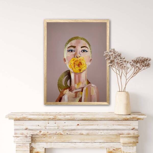 Mixed Media Art Woman Rose Yellow Gold